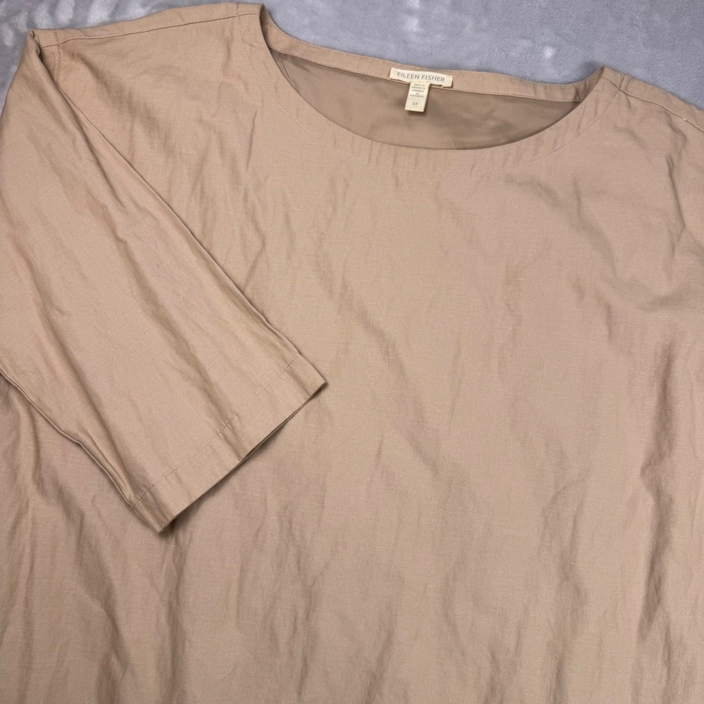 Eileen‎ Fisher Tan Organic Cotton Metallic Shift Dress 3/4 Sleeve Pockets SP